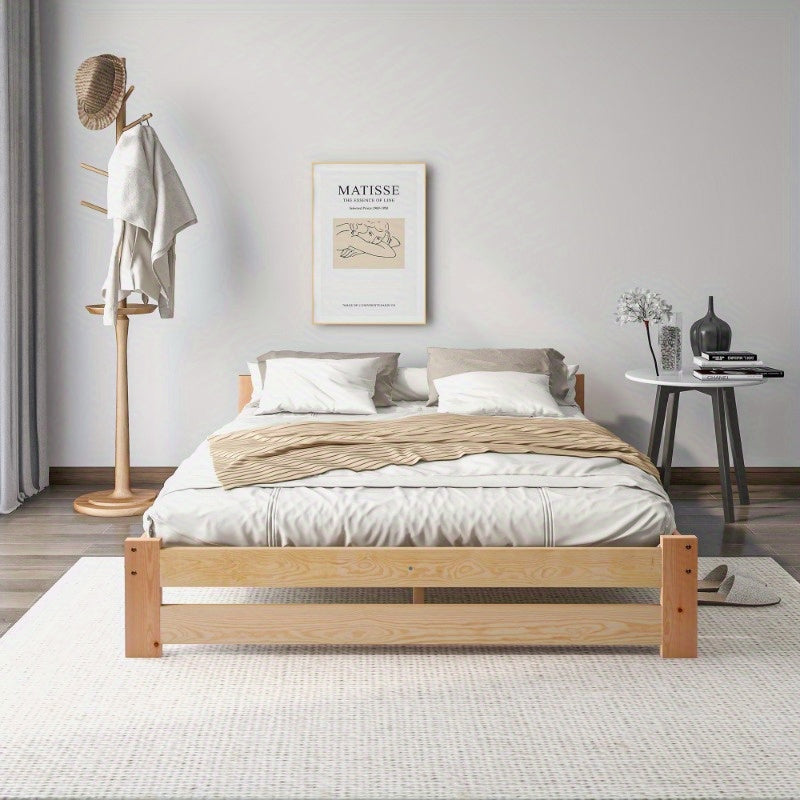 Massief Houten Bedframe – Futon Bed – Platformbed – Slaapbank – Boxspringframe – Met Hoofdbord – Met Lattenbodem – Naturel Afwerking – 200x140 cm Queen Size – Scandinavisch Minimalistisch Design