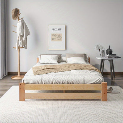 Massief Houten Bedframe – Futon Bed – Platformbed – Slaapbank – Boxspringframe – Met Hoofdbord – Met Lattenbodem – Naturel Afwerking – 200x140 cm Queen Size – Scandinavisch Minimalistisch Design