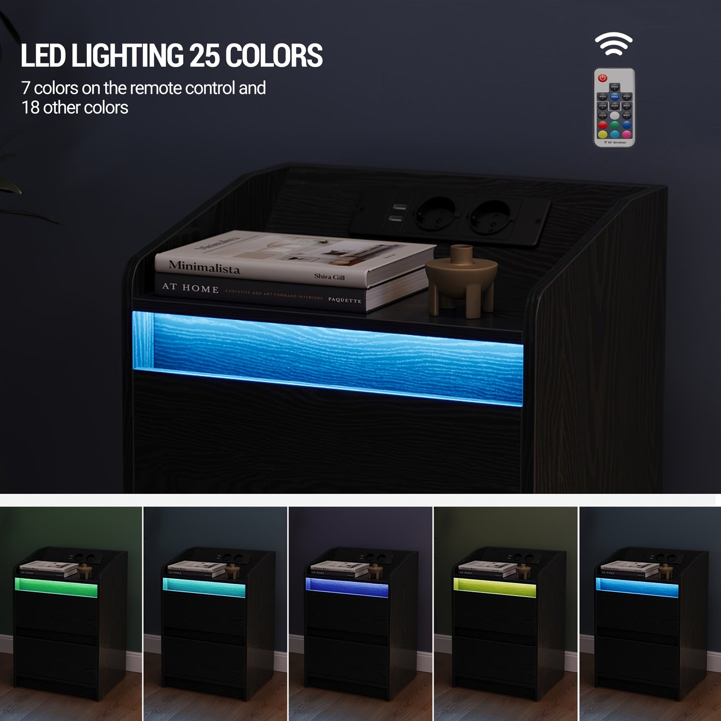 Nachtkastje – Nachtkastjes – Bijzettafel – Ladekast – Opbergkastje – Set van 2 – Ingebouwd Stopcontact & USB – Modern Design met 2 Lades – Zwart