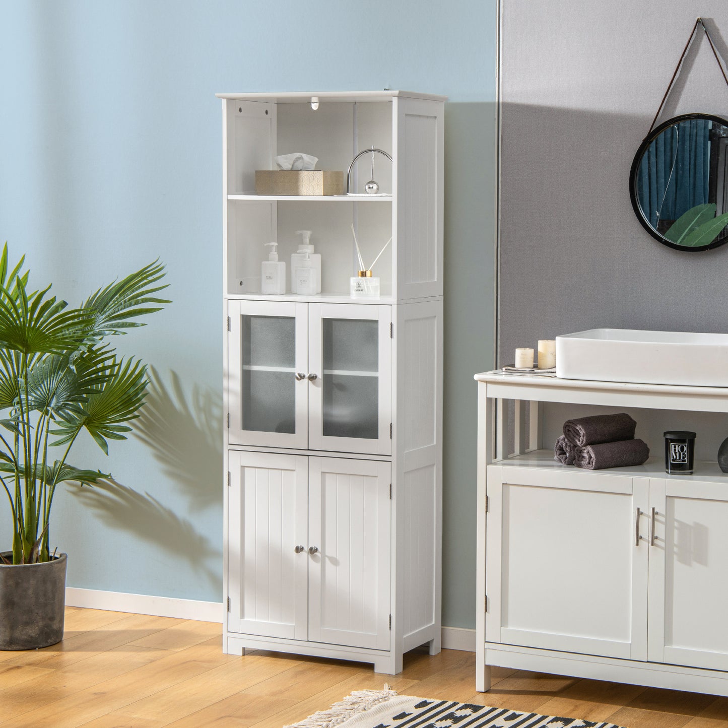badkamerkast – kolomkast – opbergkast – badkamermeubel – wastafelonderkast – MDF & gehard glas – verstelbare planken 60x30x164 cm – wit