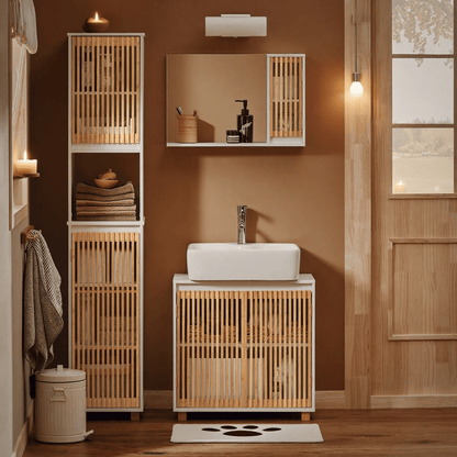 Hoge Badkamerkast – Smalle Opbergkast – Badkamermeubel – Kolomkast – Toiletkast – Vochtbestendig MDF & Bamboe – Anti-Omvalbeveiliging 33x33x165 cm