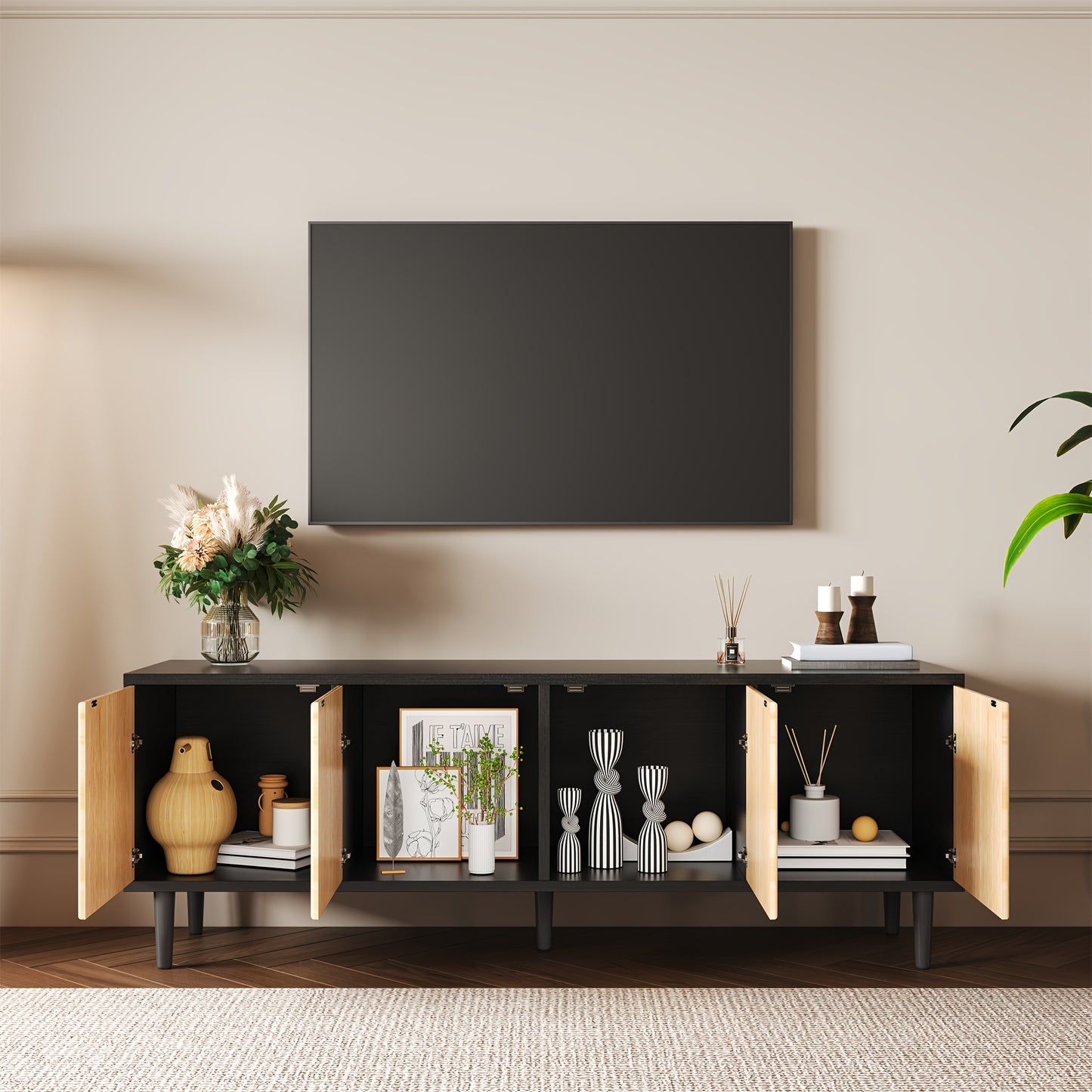 TV-meubel – Tv-kast – Lowboard – Media meubel – Entertainment kast – Zwart met bamboe – Laag design 150x38x55 cm – Ruime opbergruimte