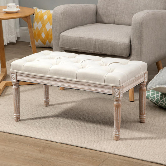 Poef met opbergruimte – Opberghocker – Hocker – Opbergbankje – Voetenbank – Gestoffeerde zitting – Stevige houten poten – 80x40x43 cm – Creme linnenlook
