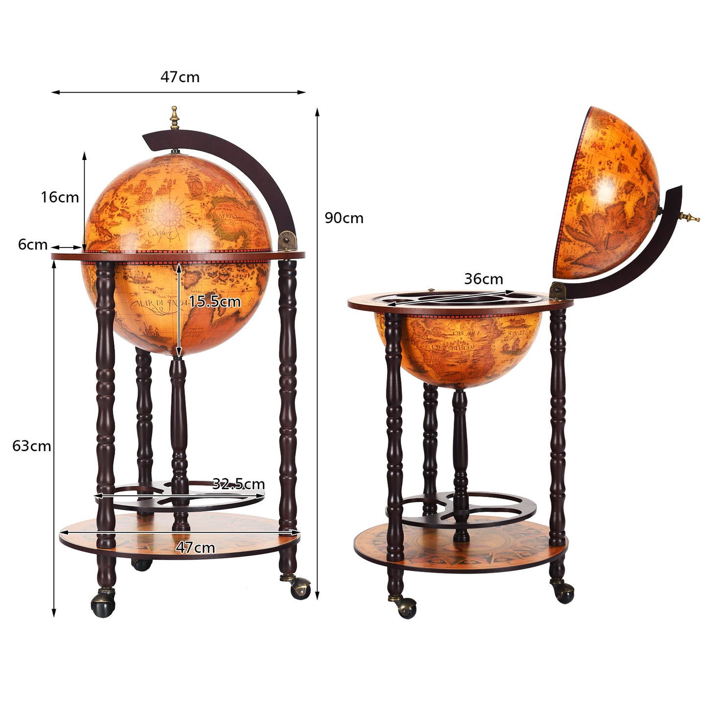 Globe Bar – Globusbar – Wijnbar – Drankwagen – Retro Barwagen – Op Wielen – Eucalyptus Hout – Compact Design 47x47x90 cm