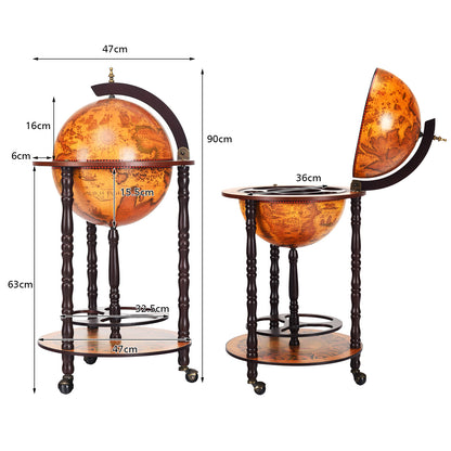 Globe Bar – Globusbar – Wijnbar – Drankwagen – Retro Barwagen – Op Wielen – Eucalyptus Hout – Compact Design 47x47x90 cm