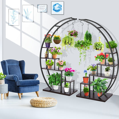 Plantenstandaard – Bloemenrek – Plantentrap – Plantenrek – Indoor plantenhouder – 5-laags metaal – Halve maan ontwerp – 4 haken – 60,96x35,56x144,78 cm – Duurzaam MDF & Metaal