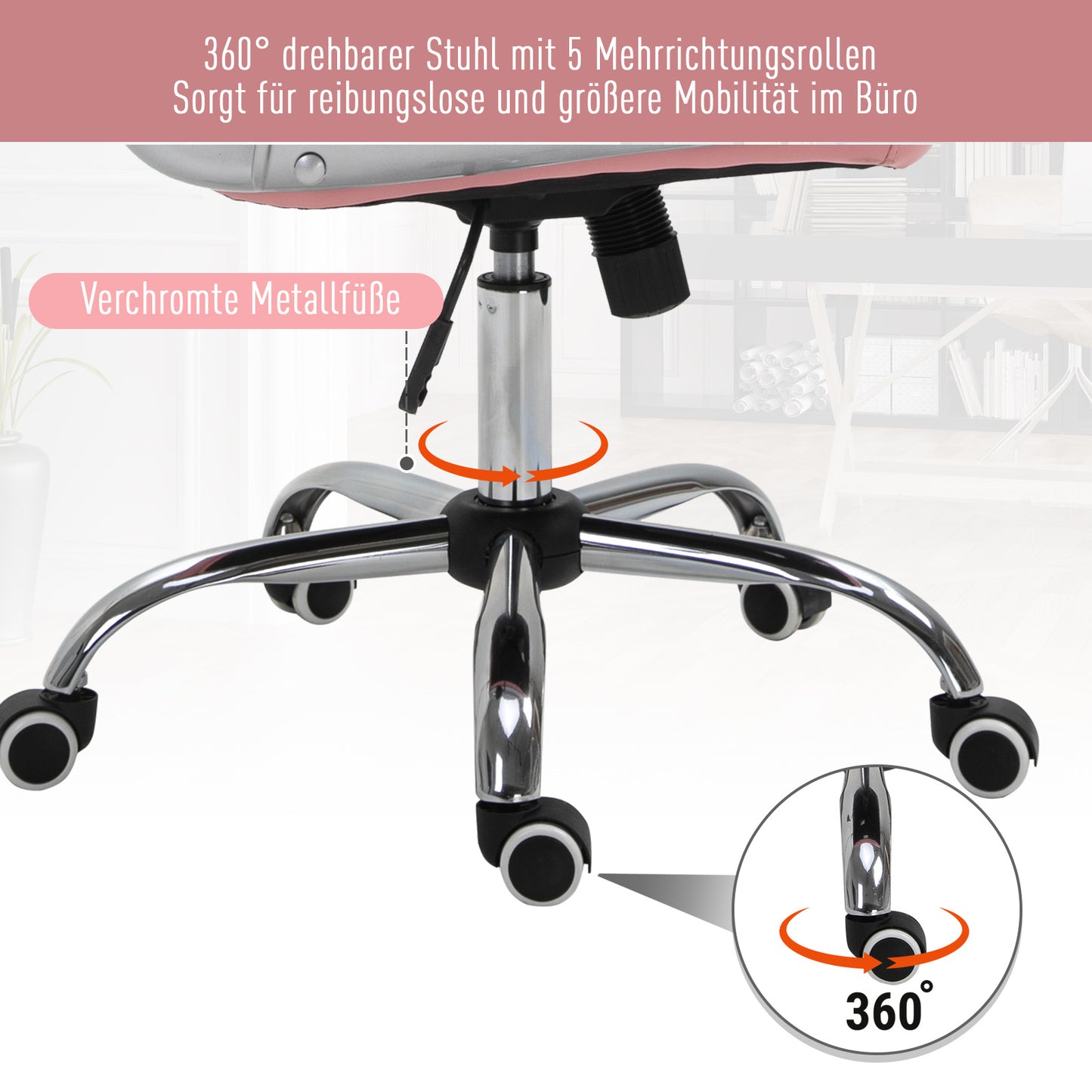 Bureaustoel – Ergonomische Stoel – Office Chair – Draaistoel – Bureau Stoel – Roze PU Bekleding – Verstelbare Hoogte 95-105 cm – Max 120 kg Belastbaar