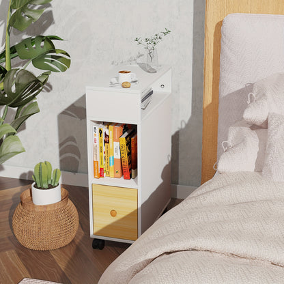Nachtkastje – Bijzettafel – Ladekastje – Opbergkastje – Smal Tafeltje – Set van 2 – Met Lade en Open Plank – Met Wieltjes – 50x25x70 cm – Hout en MDF