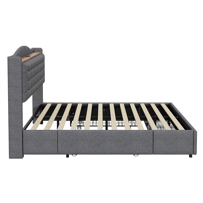 Ledikant 160x200 – Tweepersoonsbed – Bedframe – Opbergbed – Gestoffeerd Bed – Linnen Stof – Ingebouwde Oplaadpoort – 4 Laden Opbergruimte