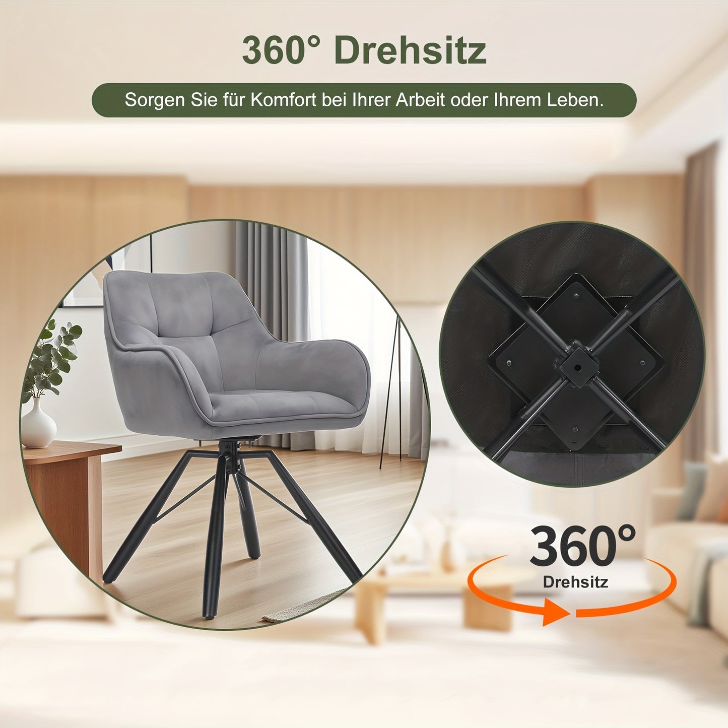 Draaibare Eetkamerstoel – Fluwelen Zitting – 360° Swivel – Grijs/Zwart