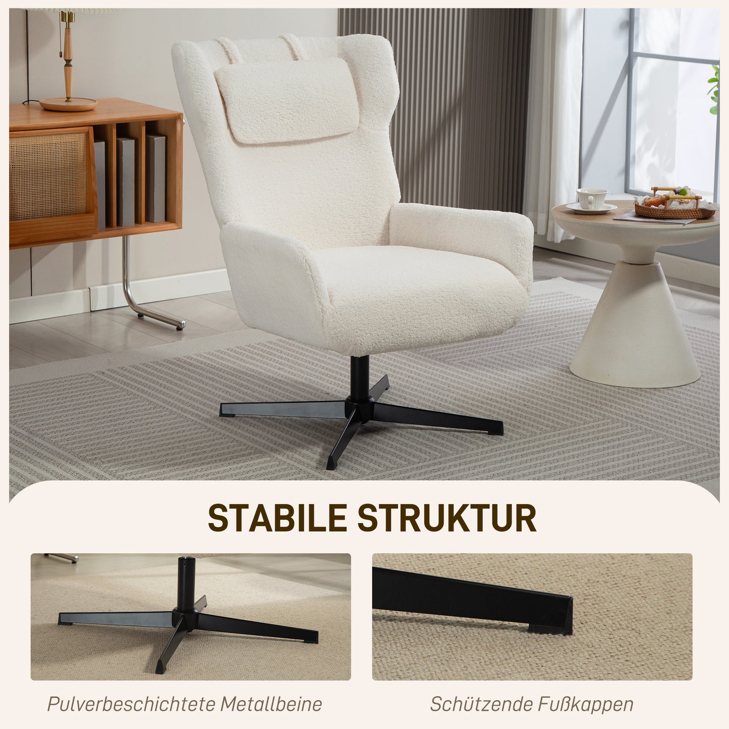 Accentstoel – Fauteuil – Leunstoel – Draaistoel – Zithoekstoel – Crème – Zachte Fleece Bekleding – Draaibare Metalen Voet