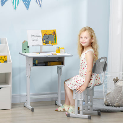 Kinderbureau – Kindertafel – Kindermeubel – Studiebureau – Bureau met Stoel – Verstelbare Hoogte – Met Boekensteun en Opbergruimte – Grijs-Wit – 60x45 cm