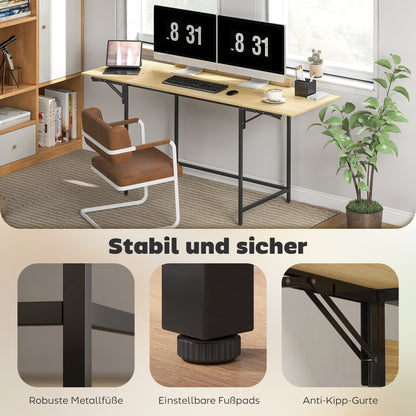 Foldable Computer Desk with 2 Extendable Panels, Ample Space for Monitors, Metal Legs, Sturdy Construction, Oak+Black