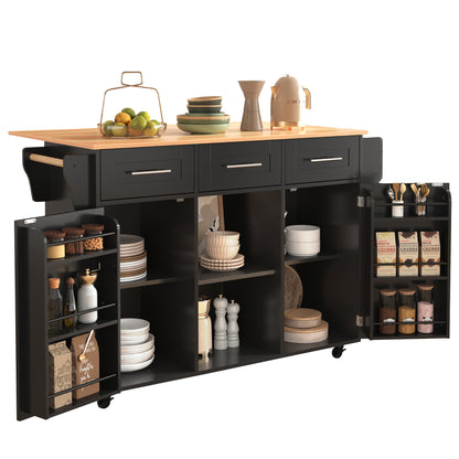 Keukenwagen – Keukentrolley – Servierwagen – Keukenkar – Rolkast – Uitklapbaar Werkblad – Houtlook Blad – 139x46(71)x91,5 cm – Met Laden en Verstelbare Planken – Mobiel en Vast Plaatsbaar – Zwart Met Houten Poten