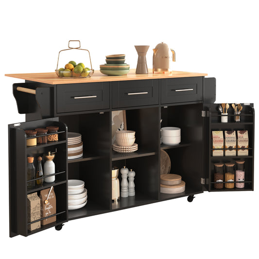 Keukenwagen – Keukentrolley – Servierwagen – Keukenkar – Rolkast – Uitklapbaar Werkblad – Houtlook Blad – 139x46(71)x91,5 cm – Met Laden en Verstelbare Planken – Mobiel en Vast Plaatsbaar – Zwart Met Houten Poten