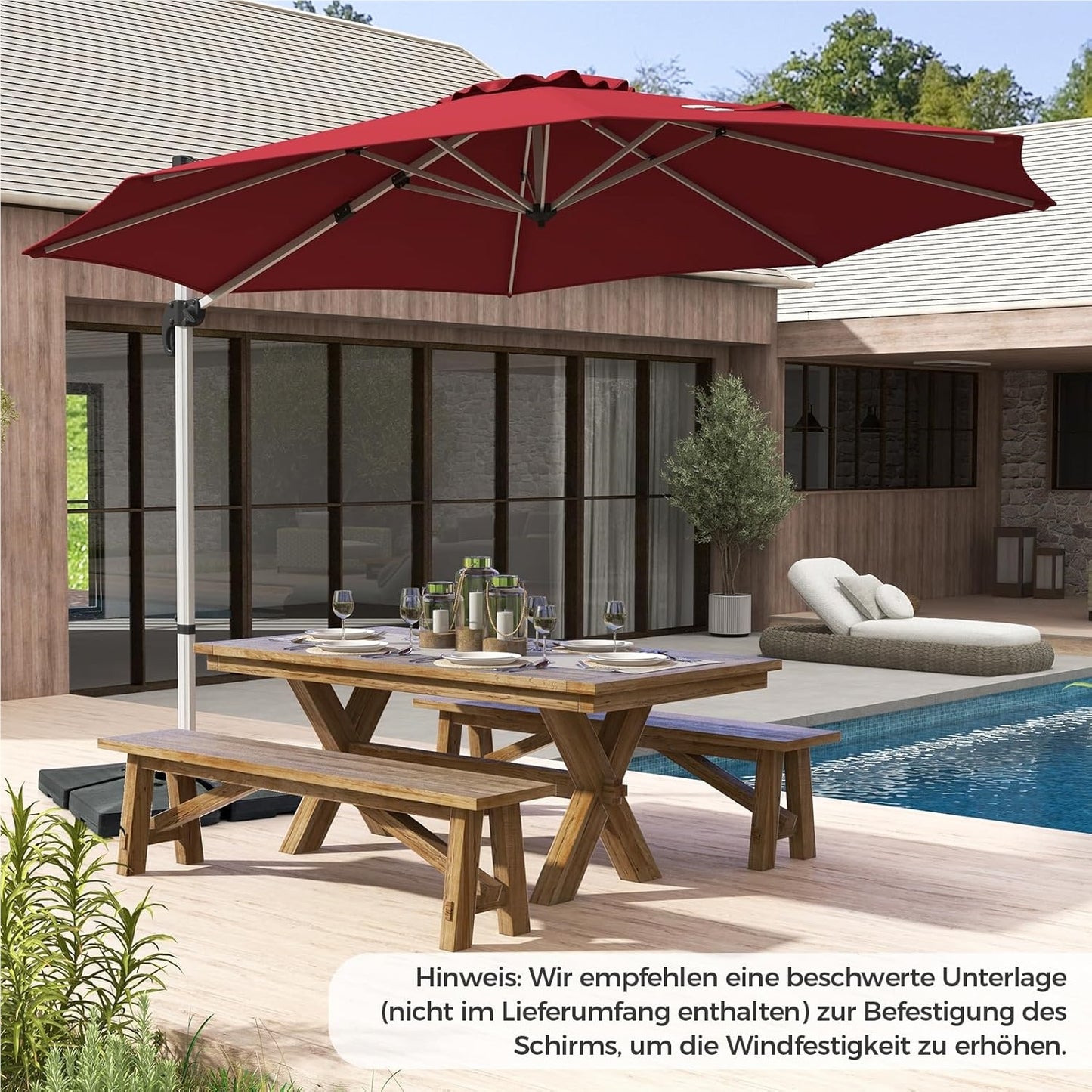 Zonneparasol – Tuinparasol – Terrasparasol – Marktparasol – Schaduwparasol – Ø 330 cm – 360° Draaibaar Met Knikarm – UPF 50+ Bescherming – Rood