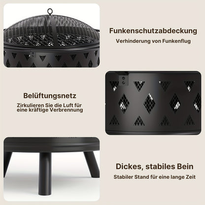 Tuinhaard Buiten – Vuurkorf – Vuurschaal – Openhaard – Terrashaard – Diameter 83 cm – Inclusief Grill en Weerbestendige Cover – Zwart
