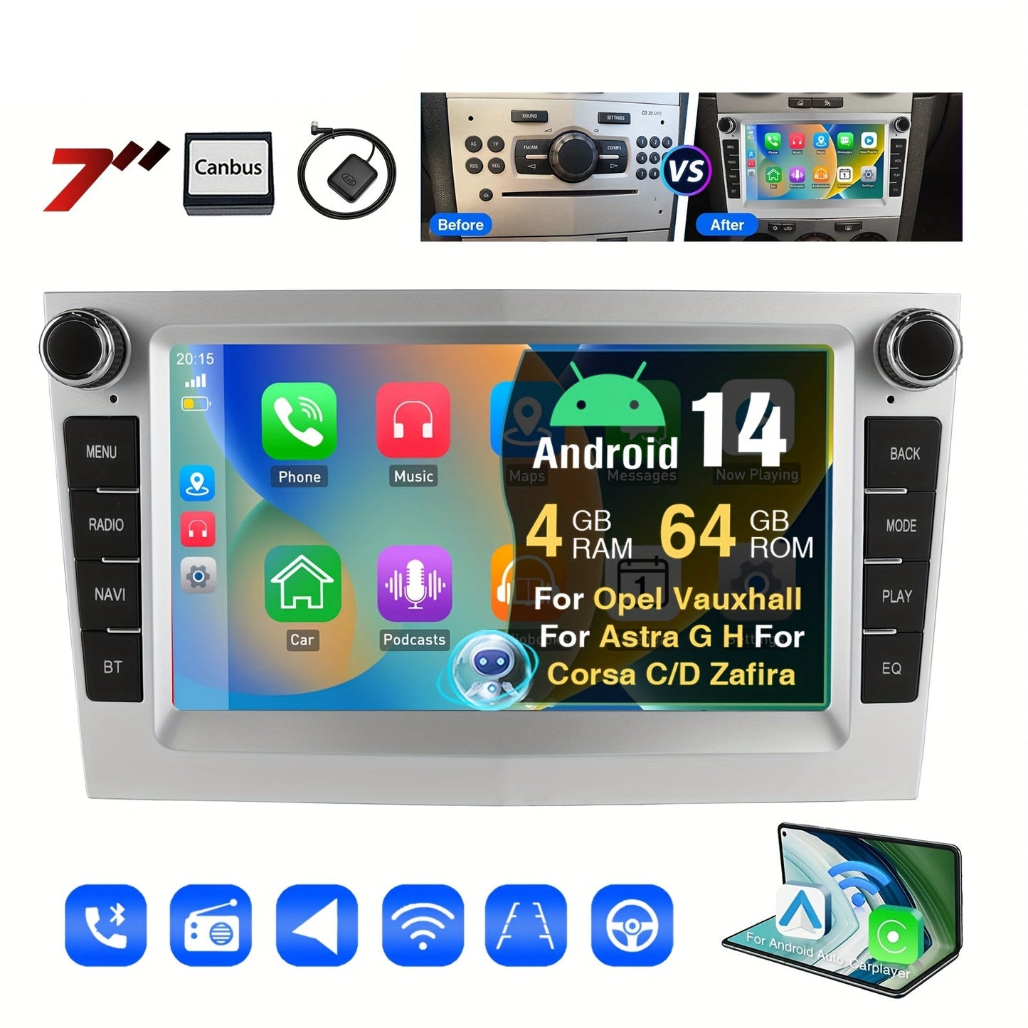 Android Autoradio – Auto Radio – Multimedia Speler – Navigatiesysteem – 2 DIN Headunit – 7 Inch IPS Touchscreen – Android 14 met 4GB RAM & Draadloze CarPlay