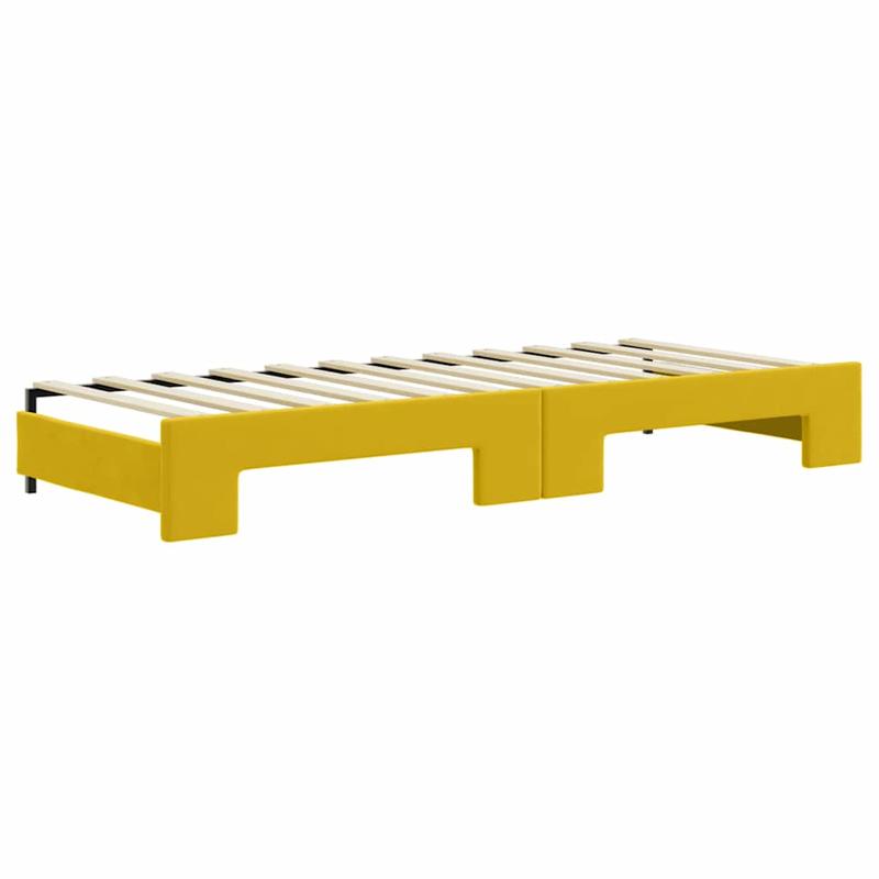 Bedbank – Slaapbank – Logeerbed – Slaapsofa – Sofa Bed – Uitschuifbaar Trundle Bed – Luxe Gele Velvet Bekleding – Stevige Hardhouten Constructie 80x200 cm