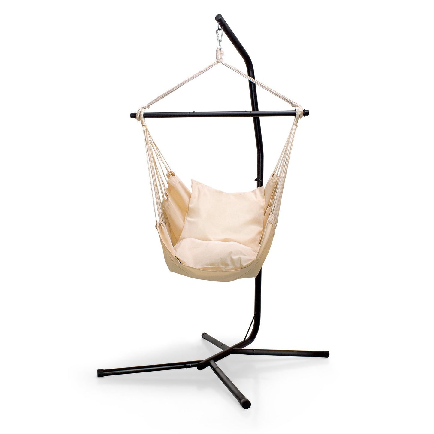 Hangstoel – Schommelstoel – Relaxstoel – Hangstoel Met Staander – Boho Hangstoel – Zwart Gepoedercoat Roestvrij Stalen Staander – Inclusief 2 Zachte Kussens 35x35 cm