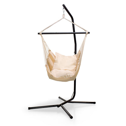 Hangstoel – Schommelstoel – Relaxstoel – Hangstoel Met Staander – Boho Hangstoel – Zwart Gepoedercoat Roestvrij Stalen Staander – Inclusief 2 Zachte Kussens 35x35 cm