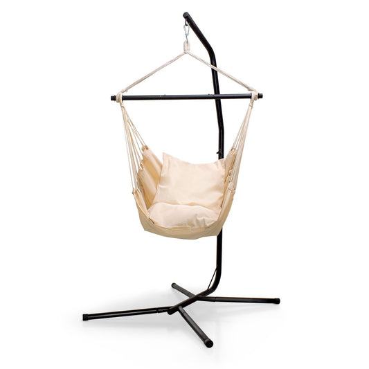 Hangstoel – Schommelstoel – Relaxstoel – Hangstoel Met Staander – Boho Hangstoel – Zwart Gepoedercoat Roestvrij Stalen Staander – Inclusief 2 Zachte Kussens 35x35 cm