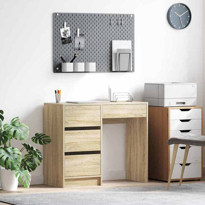 Bureau – Bureautafel – Computertafel – Schrijftafel – Werktafel – Sonoma Eiken – 90x37,5x75 cm – Met 3 Lades en Open Plank – Stevig Houtcomposiet Met Natuurlijke Houtstructuur
