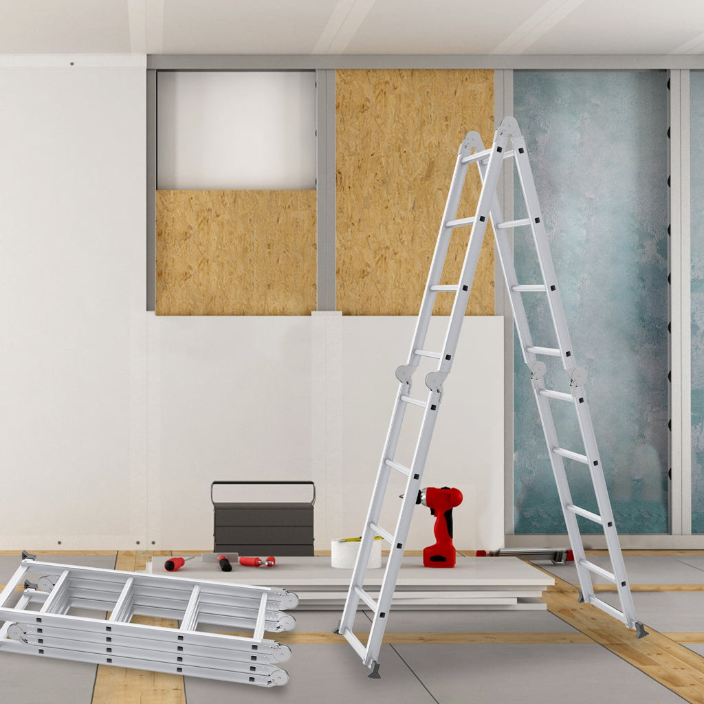 Multipurpose Ladder, Household Ladder, Foldable, Step Ladder Work Platform, Load-Bearing 150kg, Aluminum Alloy Combination Ladder, Silvery, (4X3 Steps, 4X4 Steps, 4X5 Steps)