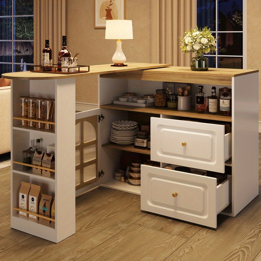 Dressoir – Sideboard – Ladekast – Buffetkast – Opbergkast – 360° Draaibaar – Wit Met Gouden Accenten – Modern Minimalistisch Design – Ruime Opbergruimte Met 2 Lades En Open Vakken