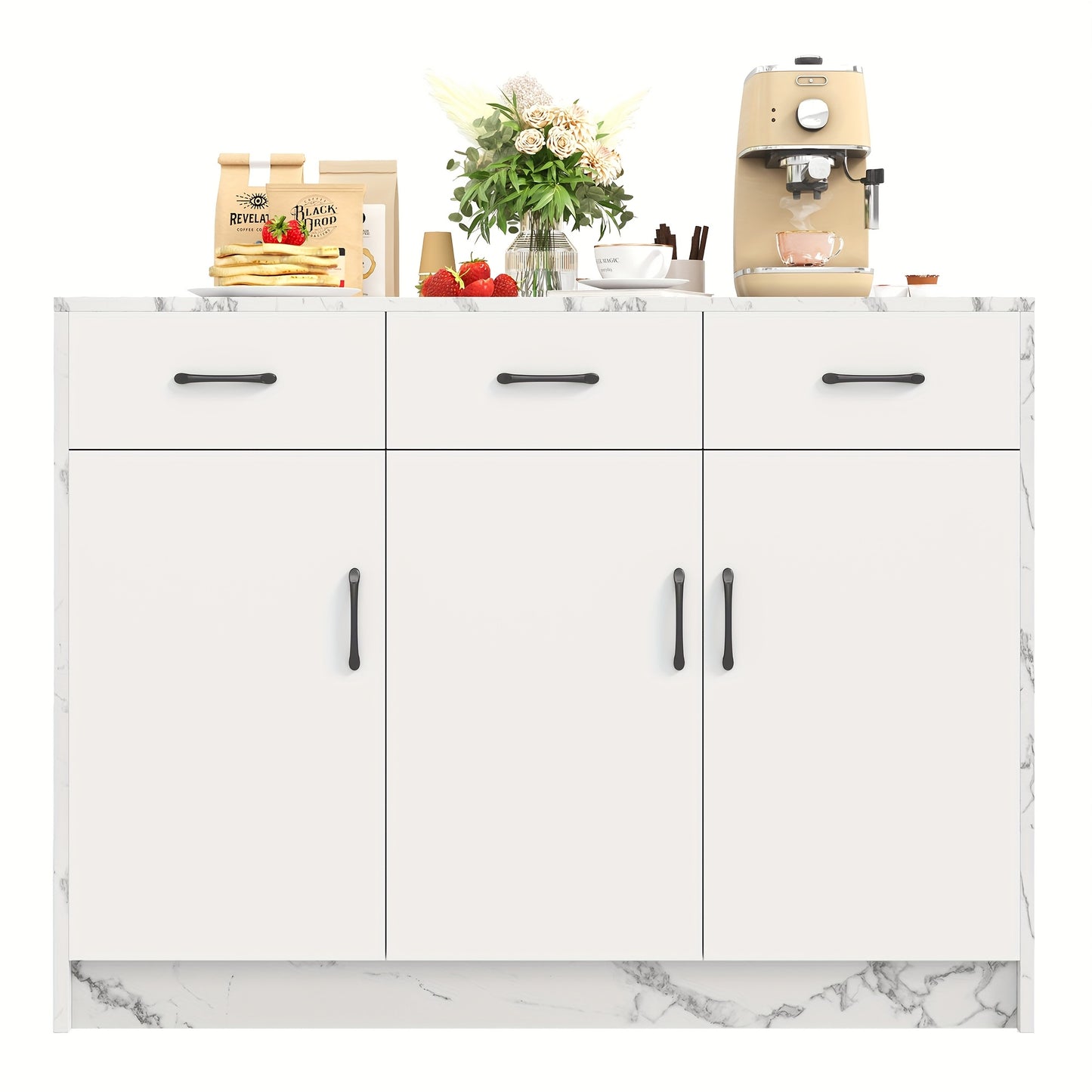 Grote Keukenisland – Keukeneiland – Buffetkast – Modern Meubel – Eilandkast Wit Marmer – 120x60x90,5 cm – Soft-Close Lades – Verstelbare Planken