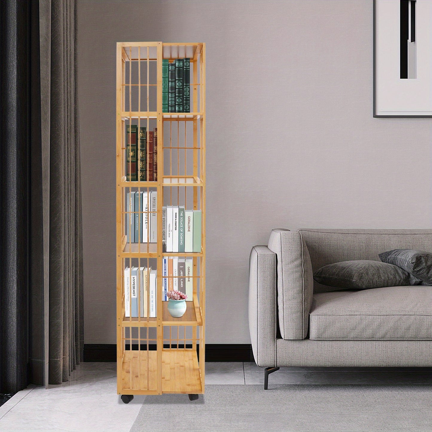 Draaibare Boekenplank – Boekenrek – Boekenkast – Verticale Opberger – Vrijstaande Plank – Bamboe Materiaal – 360° Draaibaar – 6-Lagen Ruimtebesparend Design – Natuurlijk Houtkleur