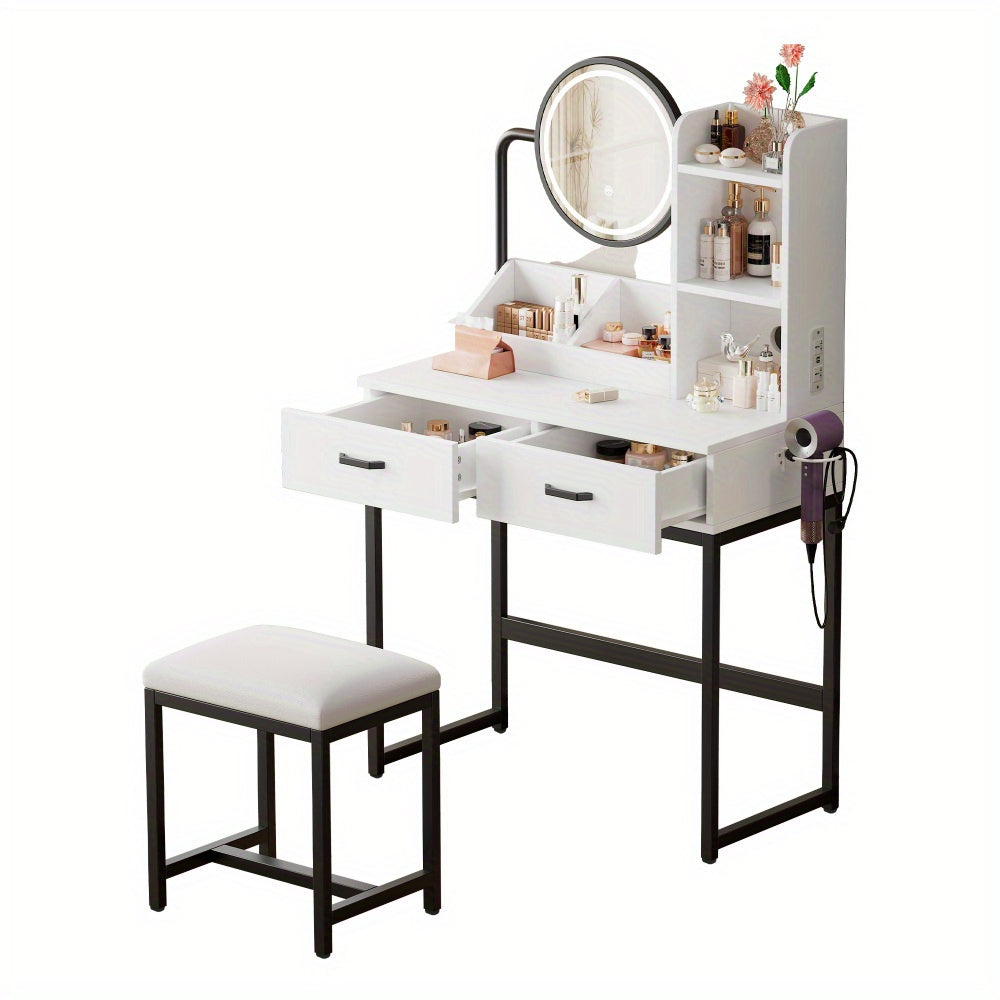 Kaptafel – Make-up Tafel – Vanity Desk – Cosmeticatafel – Draaibare Spiegel – Compact & Ruimtebesparend – Glas Tafelblad – 2 Lades & Open Planken – Wit