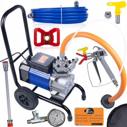 Professionele Elektrische Verfspuit Strong Storm 3500W Blauw – High-Pressure Airless Spuitpistool 22MPa, 18L/min Debiet, Inclusief 1L Beker, Nozzles 519 & 513, 10x Afdichtingen, Masker, Reinigingsset, 50cm Verlenglanzen