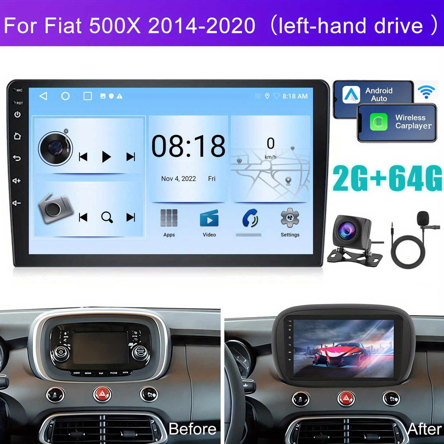 Autoradio FIAT 500X – Android Auto – CarPlay – Multimedia Speler – 2 DIN Radio – 9 Inch Touchscreen – Draadloos GPS & WiFi – AHD Achteruitrijcamera Met Microfoon