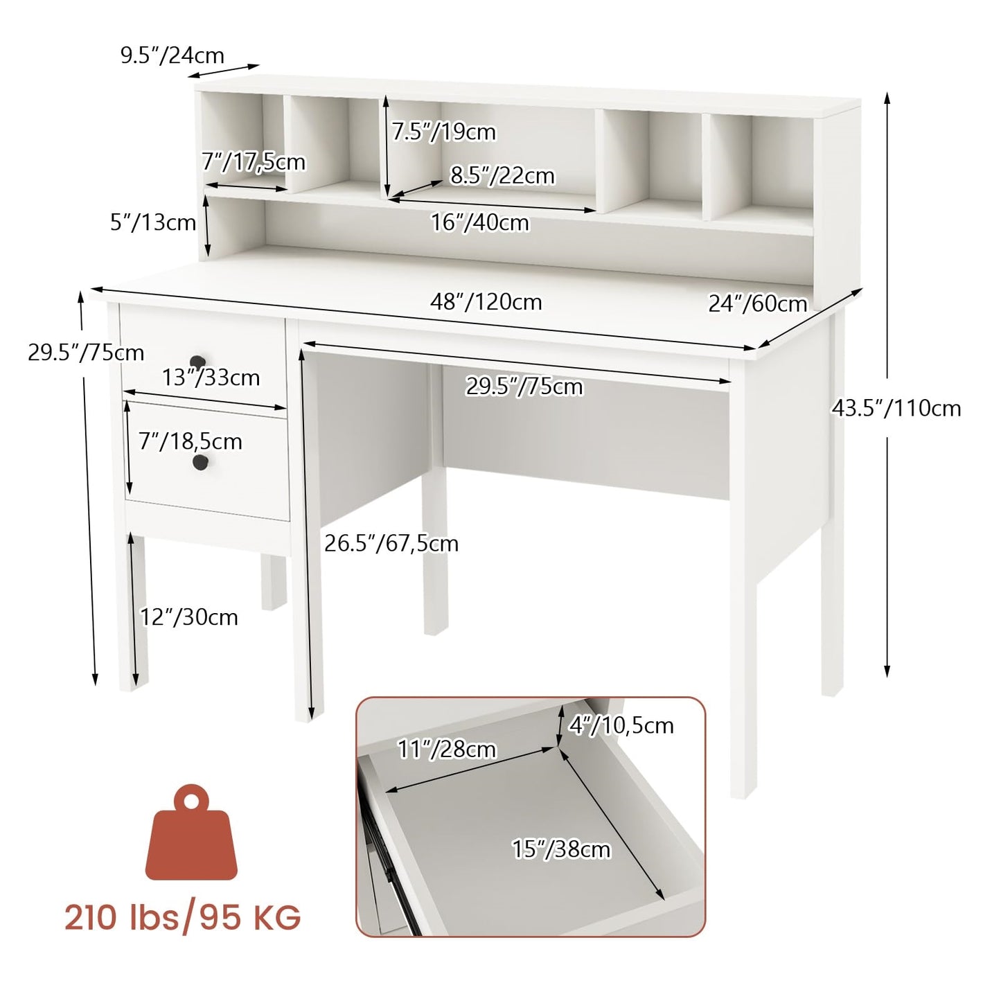 Bureau – Computertafel – Kindertafel – Pc Tafel – Thuiswerkplek – Wit – 120x60x110 cm – 2 Laden en 5 Vakjes – Stevige MDF Constructie