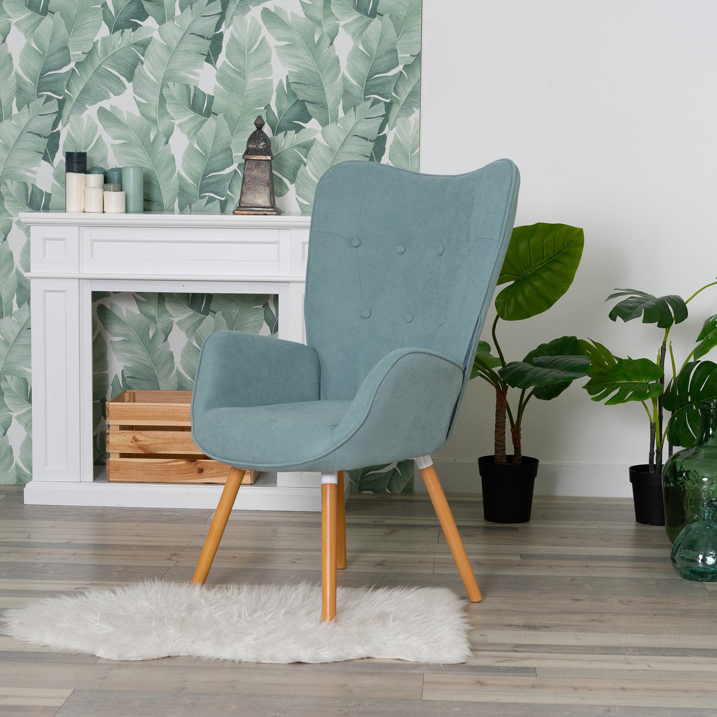Nordic fauteuil – armstoel – loungestoel – zetel – relaxstoel – groen katoenen bekleding – metalen frame met houten poten – 66x71x109 cm