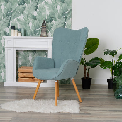 Nordic fauteuil – armstoel – loungestoel – zetel – relaxstoel – groen katoenen bekleding – metalen frame met houten poten – 66x71x109 cm