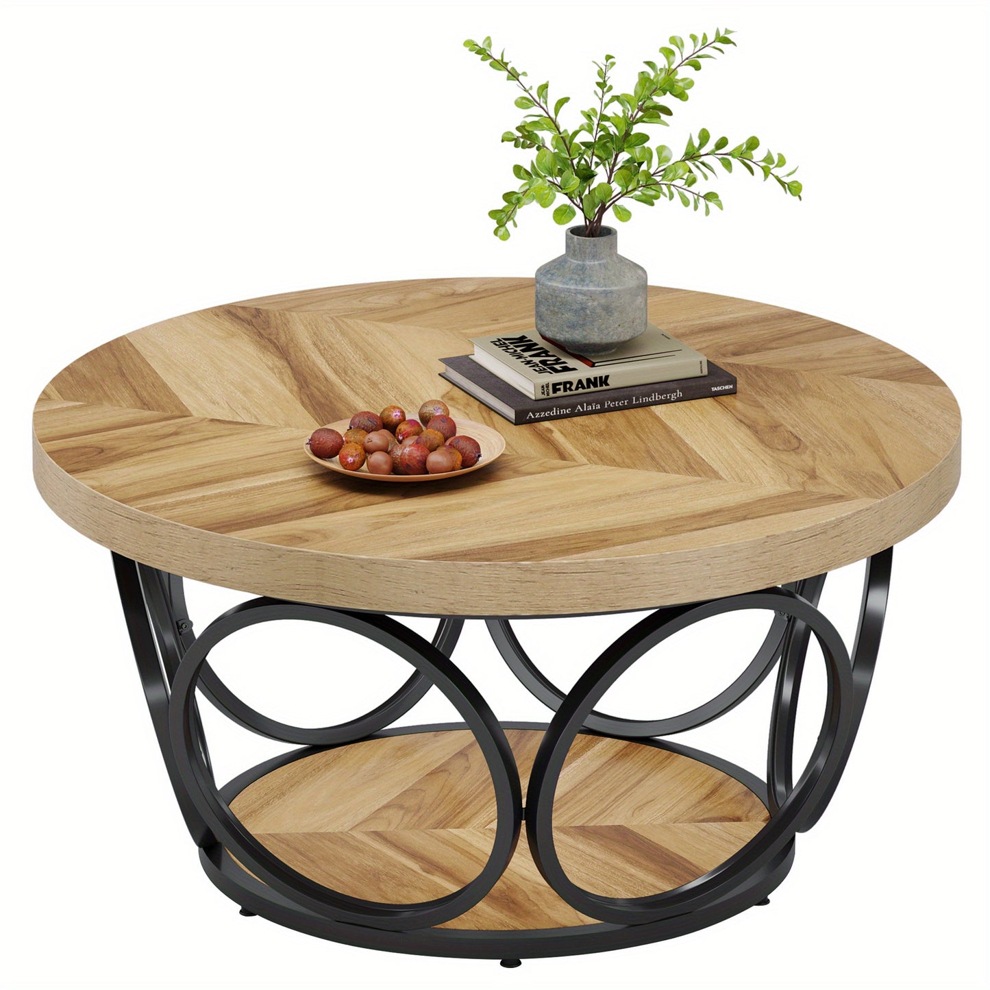 Ronde Salontafel – Houten Tafel – Woonkamertafel – Koffietafel – Opbergtafel – 80 cm Diameter – 2 Lade Niveaus – Natuurlijke Bruin Houtlook