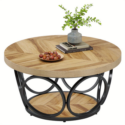 Ronde Salontafel – Houten Tafel – Woonkamertafel – Koffietafel – Opbergtafel – 80 cm Diameter – 2 Lade Niveaus – Natuurlijke Bruin Houtlook