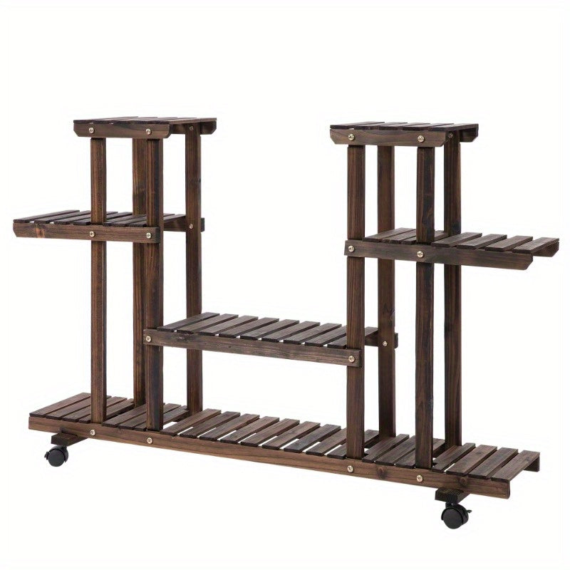 Plantentafel – Plantenrek – Bloemenstandaard – Plantenhouder – Plantenschap – Massief Verkoold Hout – 4 Lagen, 123,5 x 33 x 80 cm