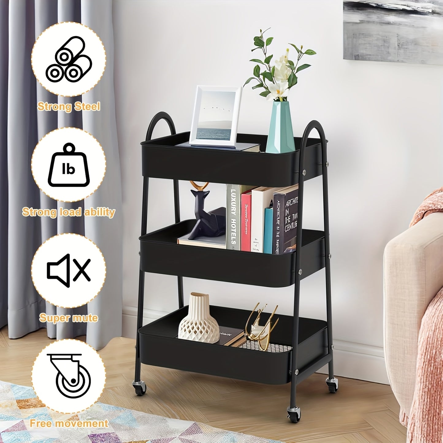 Keukentrolley – Opbergtrolley – Serveerwagen – Keukenwagen – Trolley op Wieltjes – Metaal – Compact 43x30x76,5 cm – 3 Ruime Mandjes – 360° Zwenkwieltjes