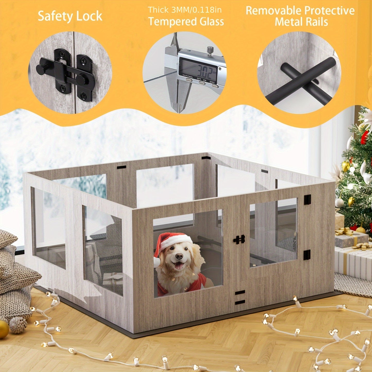 Puppyren – Puppybox – Hondenren – Hondenbench – Opfokbox – Tempered Glass & Houten Frame – 60 cm Hoogte met Beschermrails en Waterdichte Antislip Mat