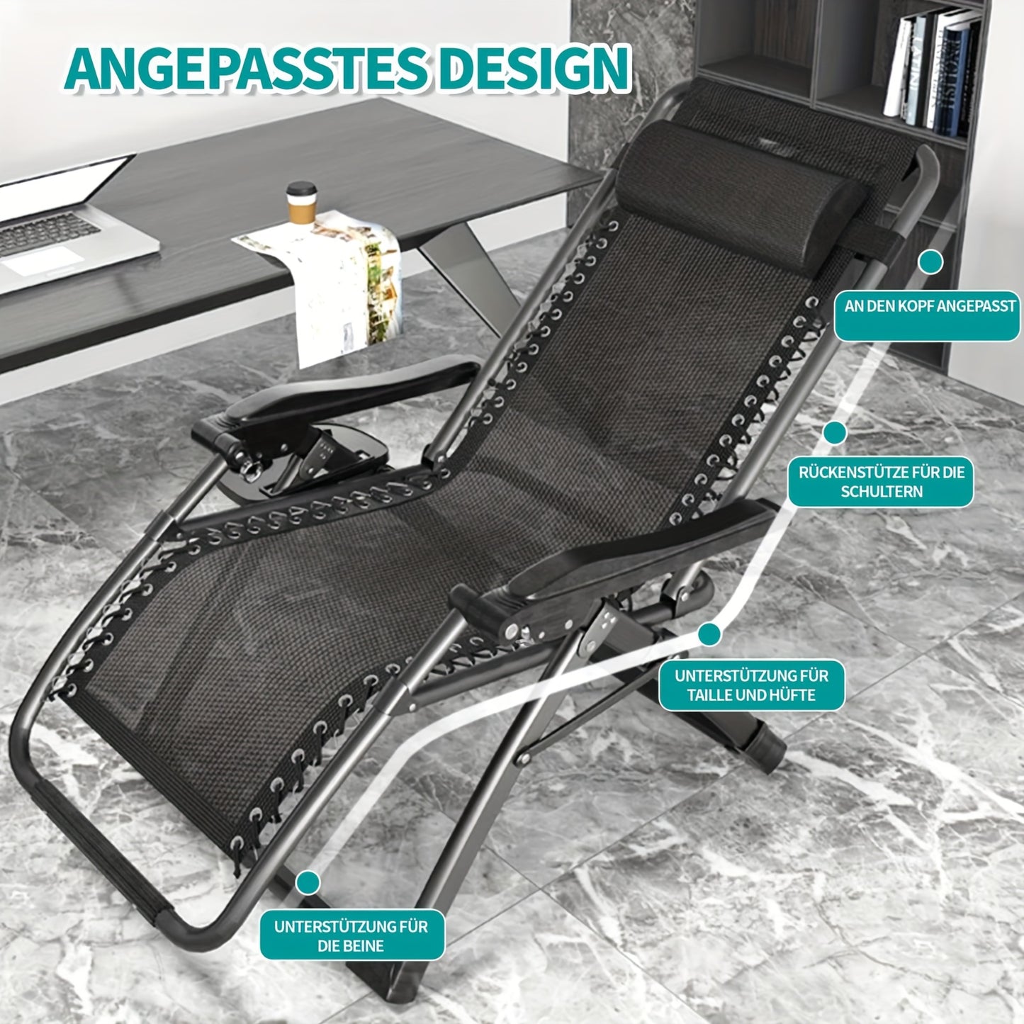 Inklapbare Ligstoel – Ligbed – Recliner – Tuinstoel – Zonnestoel – Verstelbare Rugleuning – Carbonstaal Frame 240 kg Belastbaar – Ademend Polyester Kussen – Zwart