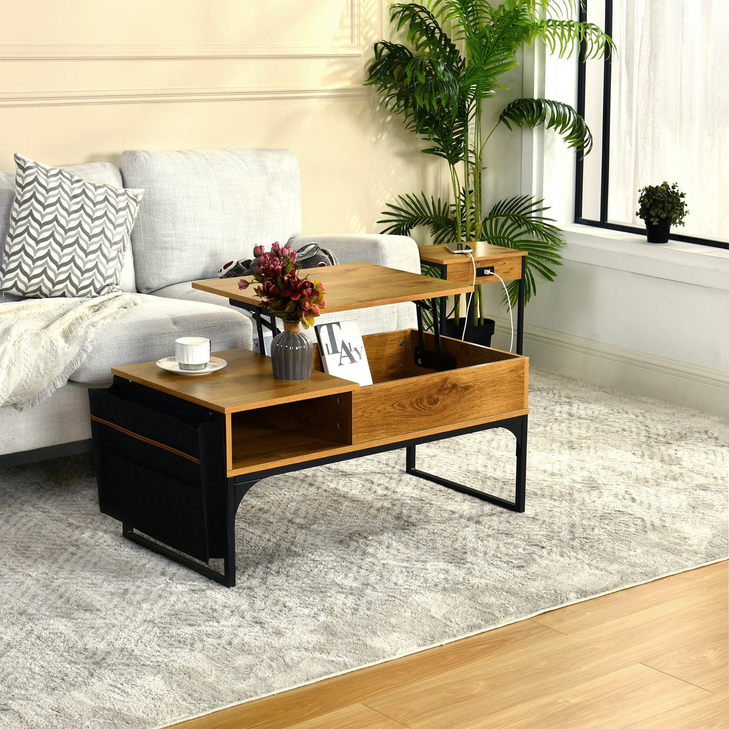 Retro Salontafel – Koffietafel – Woonkamer Tafel – Opbergtafel – Werktafel – Verstelbaar Lift-Top – 2 Opbergruimtes – Metaal Frame – Original Houtkleur – Inclusief Stoffen Opbergtas – 100x50x45 cm