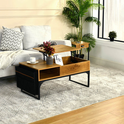 Retro Salontafel – Koffietafel – Woonkamer Tafel – Opbergtafel – Werktafel – Verstelbaar Lift-Top – 2 Opbergruimtes – Metaal Frame – Original Houtkleur – Inclusief Stoffen Opbergtas – 100x50x45 cm