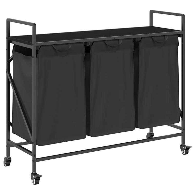 3-Vaks Wasmand – Wasmand Met Wieltjes – Wasbak – Beddengoedmand – Wascontainer – Matzwart – Stevig Metalen Frame – Mobiel En Compact