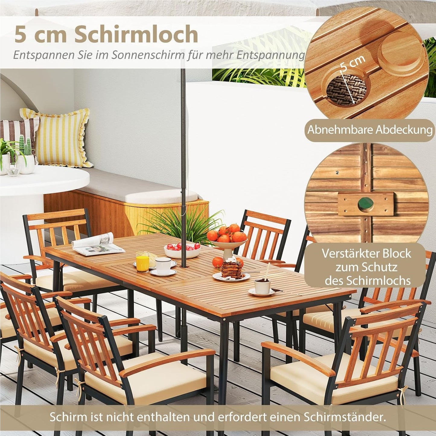 Tuintafel – Terrastafel – Loungeset Tafel – Buiten Tafel – Acaciahouten Tafel – 200 x 90 cm – Met Parasolgat