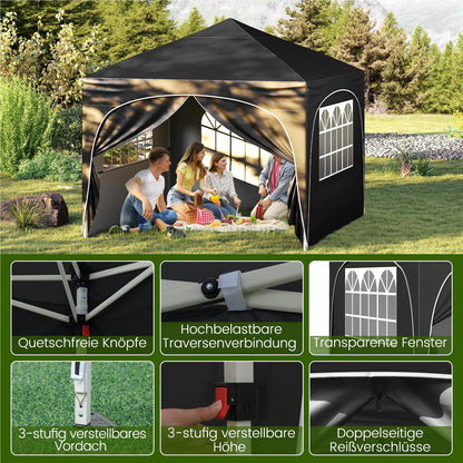 3 x 3 m Vouwpaviljoen – Tuinkamer – Partytent – Overkapping – Paviljoen – 4 Afneembare Zijwanden – UV 50+ Bescherming – Inclusief Zakken, Haringen en Opbergtas (Zwart)