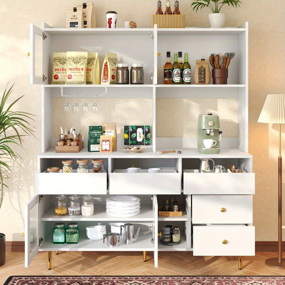 Modern White & Golden Tall Dining Cabinet with Glass Doors & Wine Rack - Multi-Tier Storage Floor-Standing Kitchen Organizer, 57" Height (145cm), 15.35" Depth (39cm), 66.93" Width (171cm), 3.2+ Cubic Feet Capacity, Metal Cons