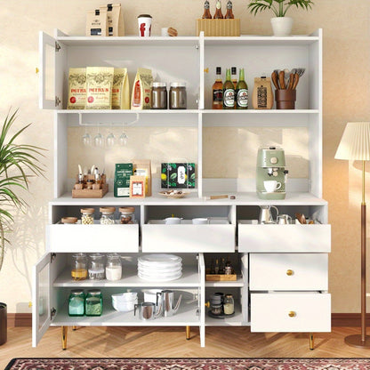 Modern White & Golden Tall Dining Cabinet with Glass Doors & Wine Rack - Multi-Tier Storage Floor-Standing Kitchen Organizer, 57" Height (145cm), 15.35" Depth (39cm), 66.93" Width (171cm), 3.2+ Cubic Feet Capacity, Metal Cons